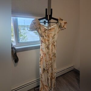 Cream and Brown Off-the-Shoulder Maxi Sundress